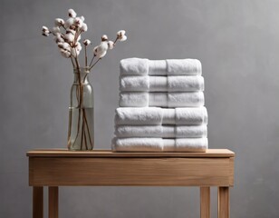 Terry white towels are folded on a wooden chest of drawers in the room. Clean bath amenities. Professional service
