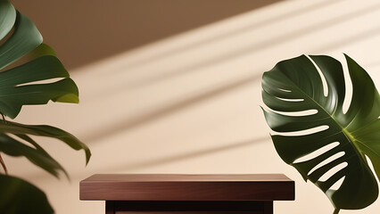 Wooden podium on light background with leaves and shadow of monstera, space for copy. Beautiful illustration for advertising cosmetic and other products on marketplaces, space for text and advertising