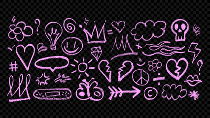Hand drawn charcoal stickers of various forms of child's doodles and scribbles with chalk or marker texture in a girly style. Big set of crayon doodles, sketchy shapes. Butterfly, cloud, crown, heart.