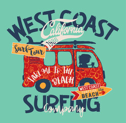 California West Coast surf van tour abstract cute vector artwork for children kid t shirt beach and summer wear - 764067695