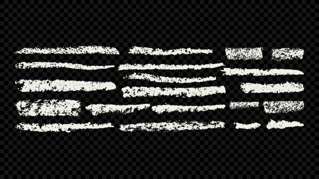Grunge hand drawn chalk lines and strokes. White vector charcoal horizontal stripes isolated on black. Dirty grungy rough stains.
