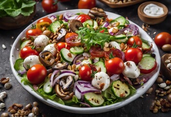 Fresh salad. Mixed salad, cherry tomatoes, cucumbers, fried bacon pieces, grilled mushrooms, mini mozzarella, red onion, sesame seeds, sunflower seeds and pumpkin seeds.