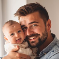 Portrait of a smiling father holding his baby suitable for family related content