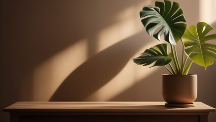 Monstera in a flower pot near the window with rays of light, green leaves. Tropical plant in planter on table, shadows on wall, space for copy, text and advertising