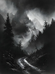 Dark forest and mountain landscape wallpaper. High quality