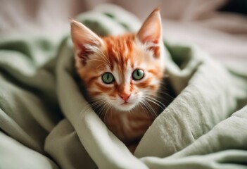 A red little kitten is wrapped in a blanket. Domestic ginger kitten for love and care