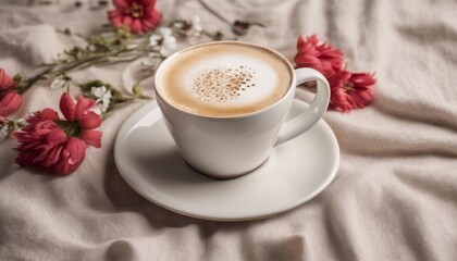 A cup of hot coffee on a linen tablecloth embroidered with flowers. Beautiful serving of hot drinks. Food photography