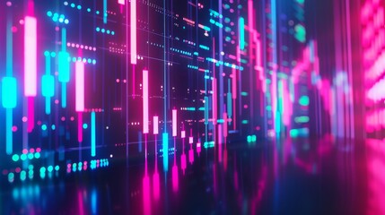 Abstract Neon Lighting Stock Market Day Trader Style Background created with Generative AI Technology - obrazy, fototapety, plakaty
