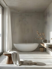 Fototapeta na wymiar A modern light and clean lined minimalistic bathroom. High quality