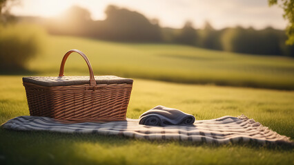 Picnic basket on green meadow, checkered tablecloth, meadow and forest on the background. Illustration with space for copy, text, and advertising. Picnic in nature, sunny summer day