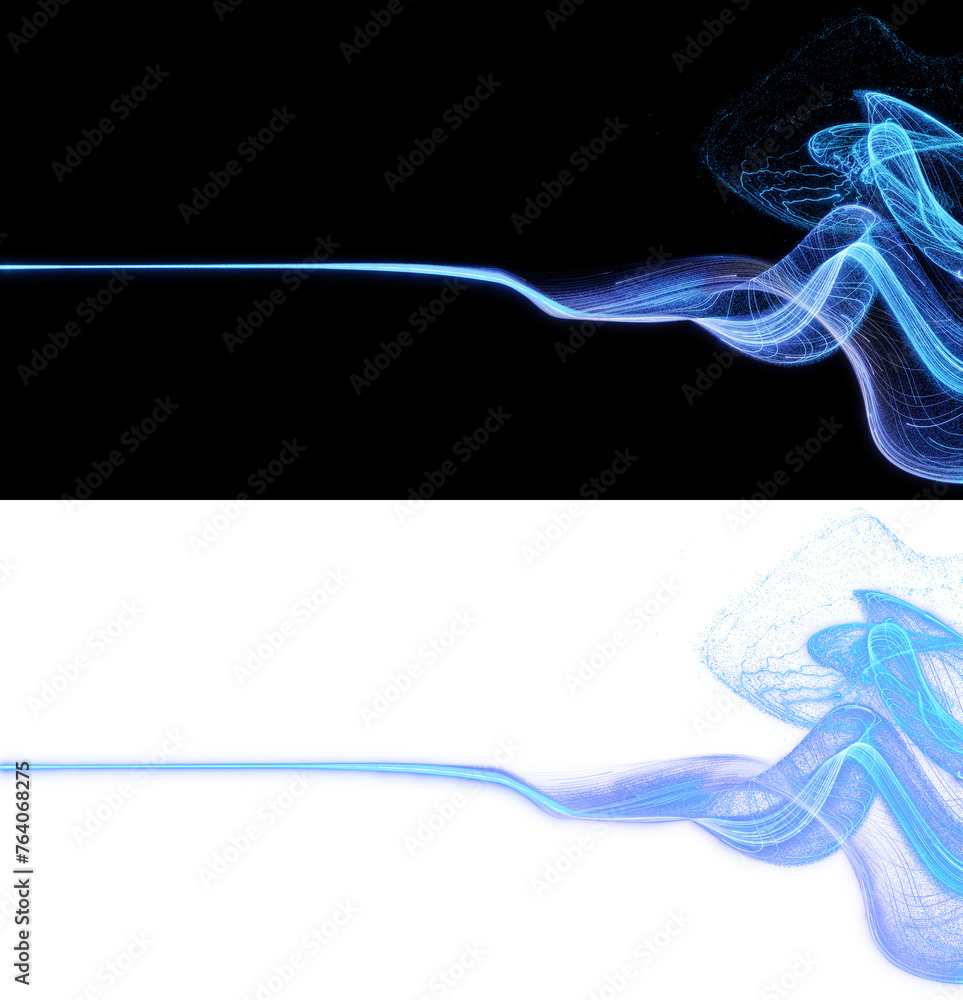 Poster blue waveform emerges, cascading into delicate tendrils, a visual metaphor for the fluid exchange of