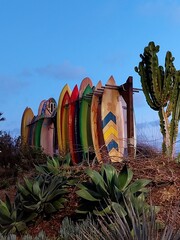 A row of surfboards at sunset