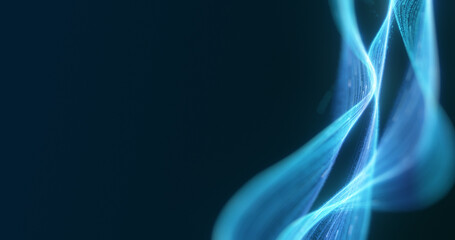 Elegant blue light streams curve and twist against a dark background, creating a high-tech vibe with generous copy space to the left for adding content. 3D render - 764068283