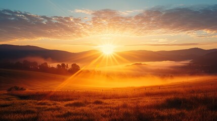 Picturesque sunrise scene with warm colors, creating a serene and optimistic atmosphere


 - obrazy, fototapety, plakaty
