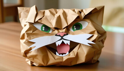Obraz premium A crumpled piece of paper with a doodle of a cat's face, held in a human hand on a wooden table