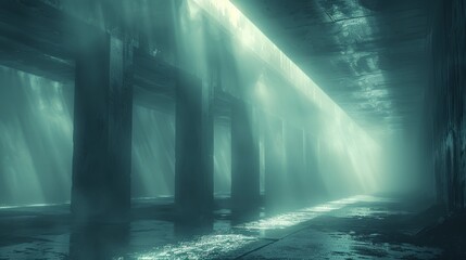 Mystical light rays in a dark industrial underpass with water reflections - obrazy, fototapety, plakaty