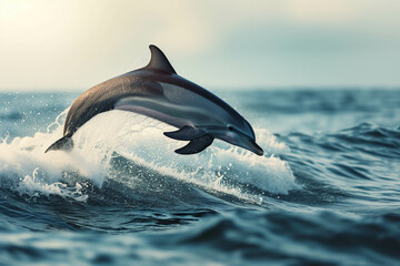 Fototapeta premium A playful dolphin leaps out of the blue ocean waves.