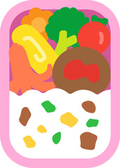 ピンク色の弁当箱に入った、お弁当のアイコンのイラスト