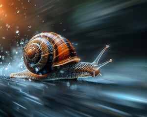 Editorial photo of a snail overtaking in slow motion dynamic lighting and motion effects with rear curtain sync highlight its speed. - obrazy, fototapety, plakaty