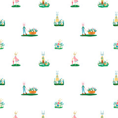 Rabbits and hares in the clearing, eggs. Seamless pattern. Happy Easter concept. Template for print, paper, textile. JPEG, JPG 150 dpi.