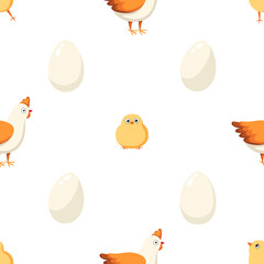 Chicks, rooster, eggs, hen. Seamless pattern. Happy Easter concept. Template for print, paper, textile. JPEG, JPG 150 dpi.