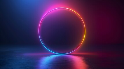 A minimalistic image of a neon circle emitting a gradient glow on a dark, reflective surface, suggesting a mood of mystery and technology.