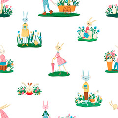 Rabbits and hares in the clearing, eggs. Seamless pattern. Happy Easter concept. Template for print, paper, textile. JPEG, JPG 150 dpi.