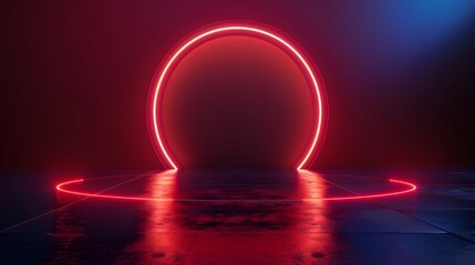 A mysterious red neon light forms a perfect circle, creating a portal-like effect on a dark, reflective surface with an atmospheric feel.