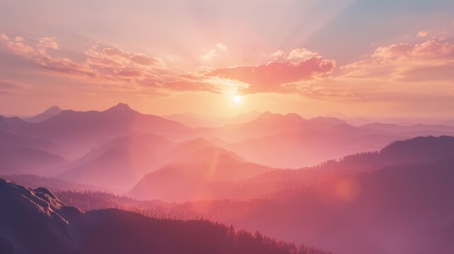 Sunrise over misty mountains