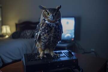 A wise owl perched atop a gaming console, its keen eyes fixed on the screen as it strategizes its next move.