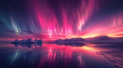Aurora borealis over icy landscape