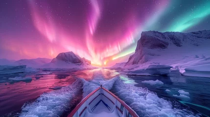Foto op Plexiglas Boat heading towards a sunset under the northern lights © iVGraphic