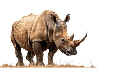 Fototapeta premium A stoic rhinoceros with a horn gleaming, standing firm and unwavering against a pure white background.