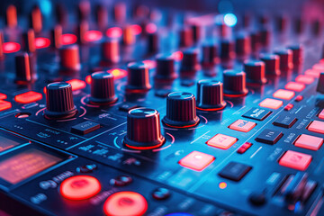 DJ mixer board console in booth at night party
