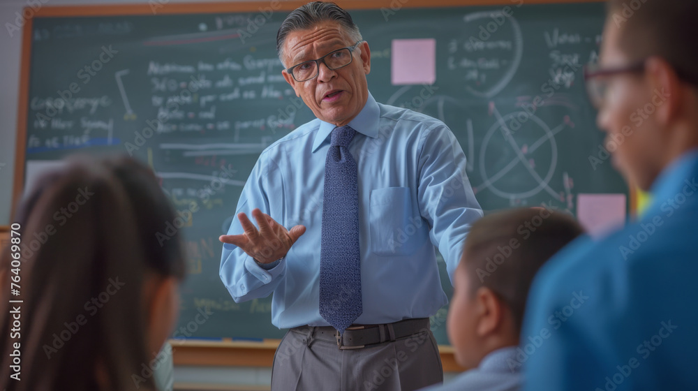 Poster a seasoned educator discusses complex topics with students in front of a chalkboard filled with form