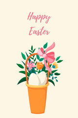 Happy easter. Eggs, flowers. Easter concept. Template for card, poster, banner, paper, textile. JPG, JPEG 150 dpi.