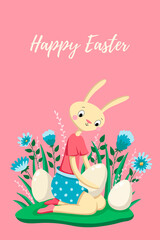Cute Easter bunny, eggs, flowers, plants. Happy easter. Template for card, textile, banner, poster, paper. JPG, JPEG 150 dpi.