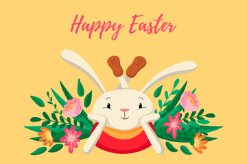 Happy easter. Hare, rabbit, eggs, flowers. Easter concept. Template for card, poster, banner, paper, textile. Vector illustration in modern style. 
