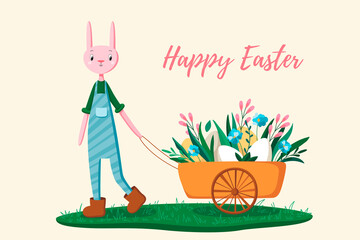 Cute Easter bunny with cart, eggs, flowers, plants. Happy easter. Template for card, textile, banner, poster, paper. Vector illustration in modern style.