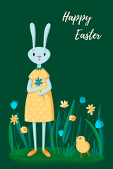 Happy easter. Hare, rabbit, eggs, flowers. Easter concept. Template for card, poster, banner, paper, textile. JPEG, JPG 150 dpi.