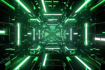 A futuristic corridor with cubes and neon led lights in green color. hacking and hack and code and computer engineer background. 3d rendered portal, abstract and mysterious, AI Generated.