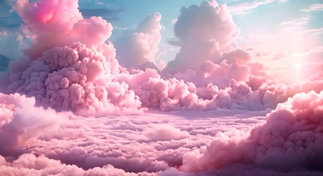 Dreamy cotton candy clouds over a surreal, sweet landscape