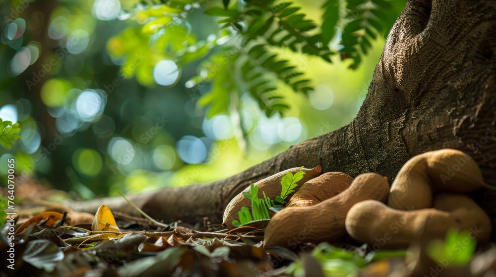 Wall mural tamarind pods amidst lush green foliage with dappled sunlight.