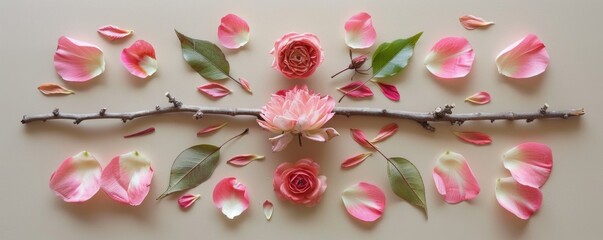 Arrangement of flowers and petals on a pastel background