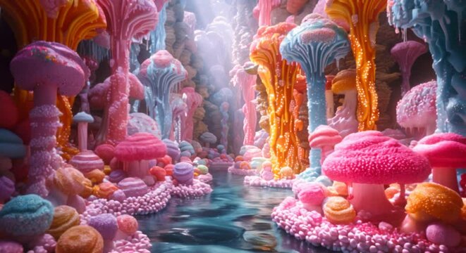 Vibrant sweet treats raining down in a fantasy candy world
