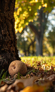 A textured sycamore seed pod rests near a tree trunk amidst autumn leaves.