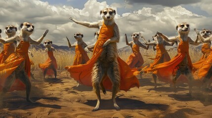 A solitary meerkat leading a troupe of synchronized dancers in a lively performance.