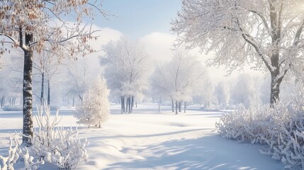 Snow-covered landscape with trees, creating a serene winter wonderland


