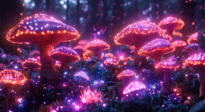 Magical candy forest, glowing mushrooms, rainbow trees