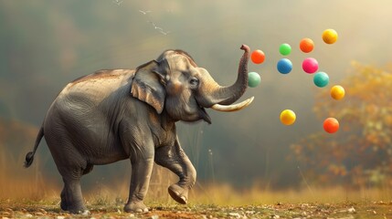 A solitary elephant elegantly juggling colorful balls with its trunk.